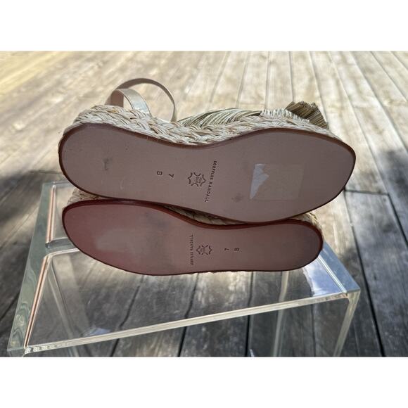 Loeffler Randall Gaby Gold Pleated Bow Espadrille Sandals Ankle Wrap Platform 7 - Picture 8 of 8